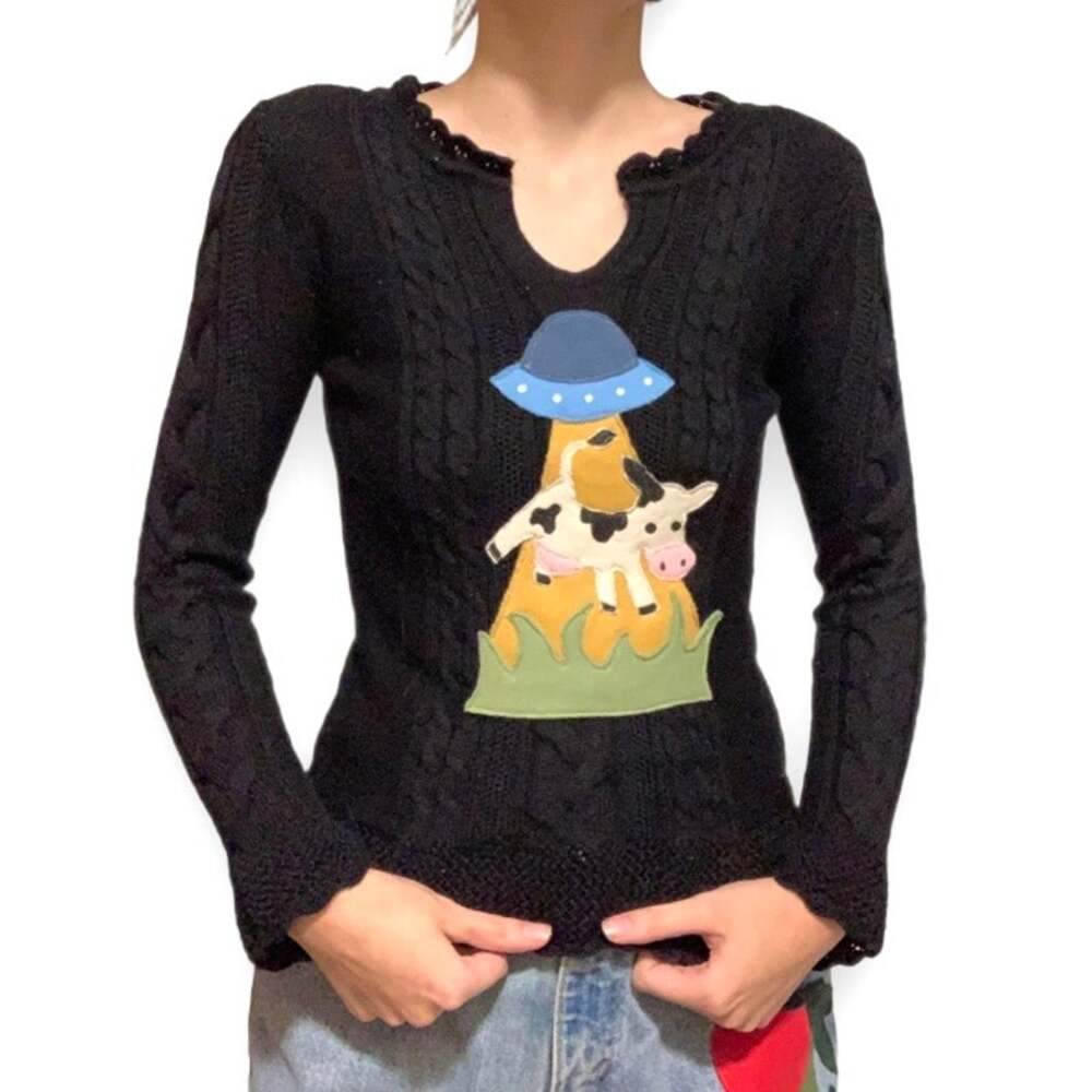 Upcycled UFO Alien Cow Abduction Black Wool Blend Sweater S